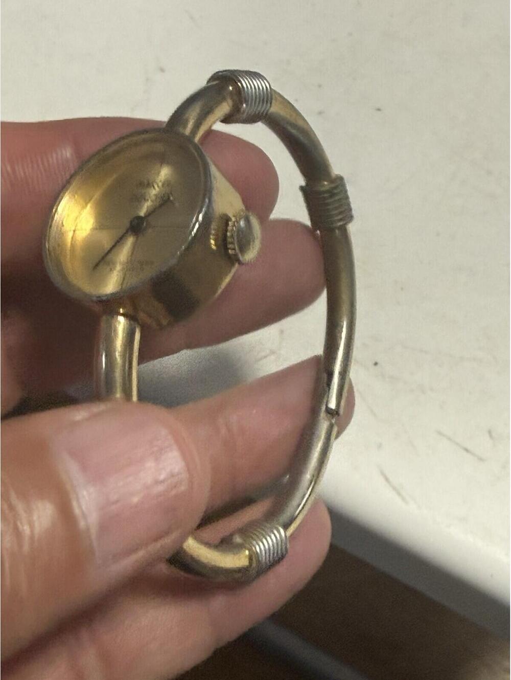 Vintage MARCEL BOUCHER Hinged Bangle Bracelet Watch Silver Gold Tone , Works